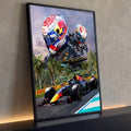 Carro de Fórmula 1 azul em pista com palmeiras e capacetes de piloto ao fundo, quadro decorativo