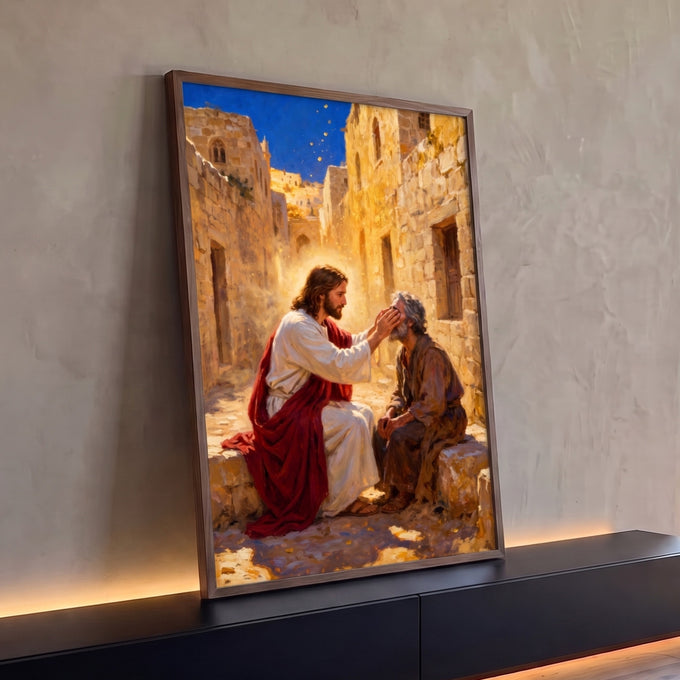 Quadro Decorativo Grande Jesus Curando Dourado para Sala | quadros decorativos para sala | Jesus toca o rosto de um homem idoso em rua de pedra dourada ao entardecer | Porao dos Quadros