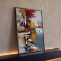 Quadro Decorativo Lago de Outono com Bétulas e Gansos | quadros decorativos para sala | paisagem de outono com árvores vermelhas e douradas refletidas em lago com gansos | Porao dos Quadros