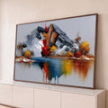 Quadro Decorativo Montanha Abstrata com Reflexo Colorido | quadros decorativos para sala | montanha abstrata em cinza e marrom com respingo vermelho e reflexo colorido no lago | Porao dos Quadros