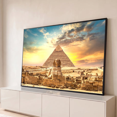 Esfinge e Grande Pirâmide de Gizé no Egito sob céu de pôr do sol dourado, quadro decorativo