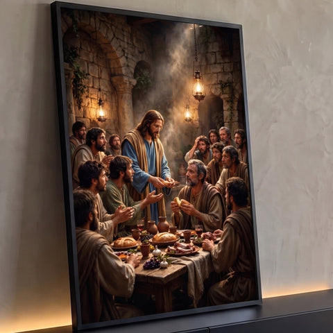 Jesus partindo o pão com os apóstolos na Santa Ceia, salão de pedra iluminado por lampiões, quadro decorativo