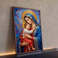 Quadro Decorativo Grande Nossa Senhora Véu para Sala Azul | quadros decorativos para sala | Nossa Senhora de véu azul e dourado abraçando o Menino Jesus vestido de vermelho | Porao dos Quadros