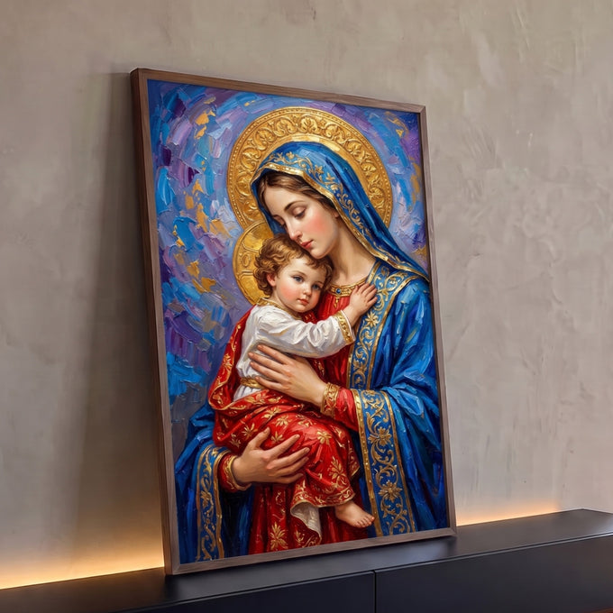 Quadro Decorativo Grande Nossa Senhora Véu para Sala Azul | quadros decorativos para sala | Nossa Senhora de véu azul e dourado abraçando o Menino Jesus vestido de vermelho | Porao dos Quadros