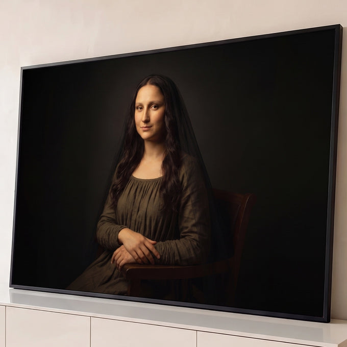 Quadro Decorativo Grande Retrato Feminino para Sala Verde | quadros decorativos para sala | mulher de véu preto e vestido verde em pose inspirada na Mona Lisa | Porao dos Quadros