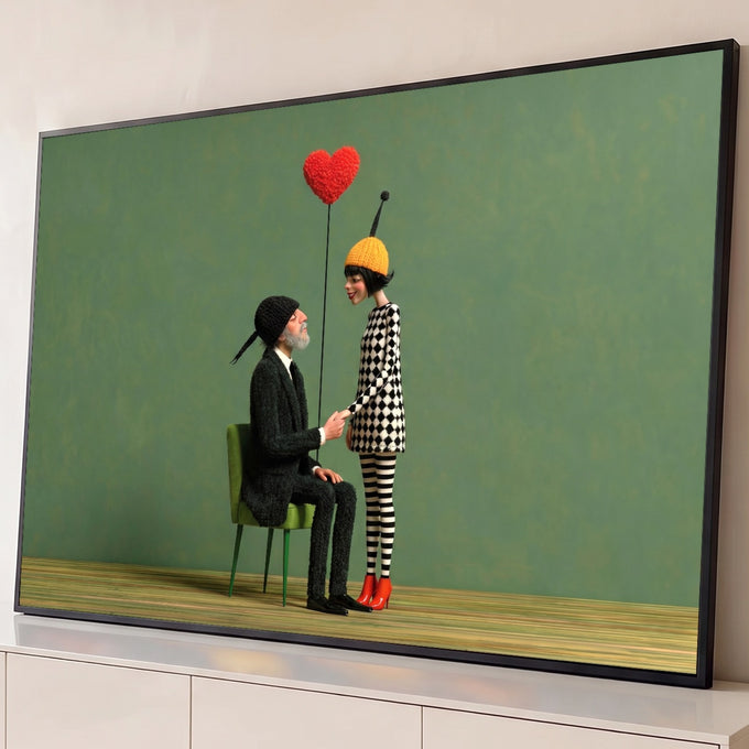 Casal estilizado em 3D de mãos dadas sob balão de coração vermelho em fundo verde, quadro decorativo