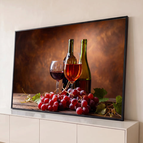 Taças de vinho tinto e rosé, garrafas e cacho de uvas sobre mesa de madeira rústica, quadro decorativo