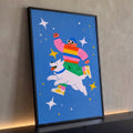 Quadro Decorativo Grande Homem e Cachorro para Quarto Azul | quadros decorativos para sala | homem de gorro azul pulando ao lado de cachorro branco entre estrelas no céu azul | Porao dos Quadros