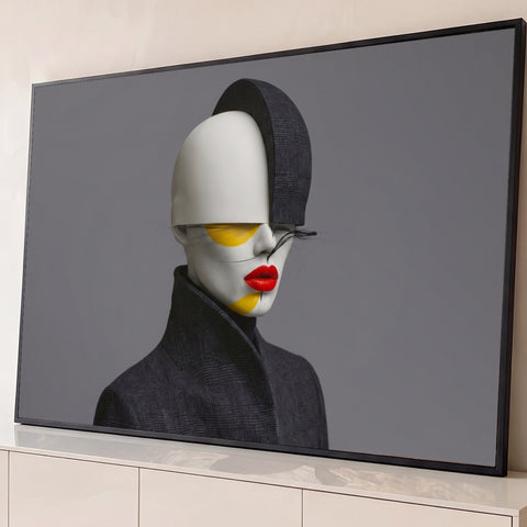 Manequim surreal de rosto branco, lábios vermelhos e casaco xadrez sobre fundo cinza, quadro decorativo