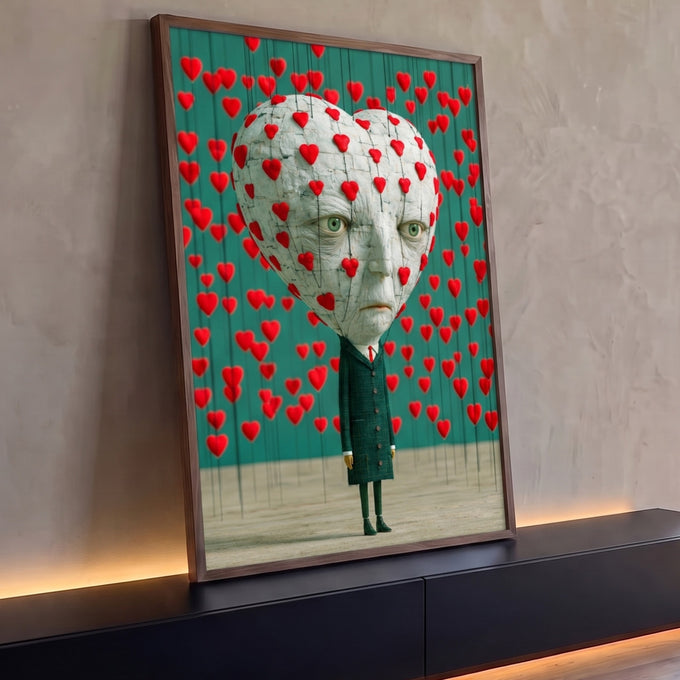 Figura surreal com cabeça de coração e corações vermelhos suspensos em fundo verde, quadro decorativo