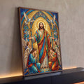 Quadro Decorativo Grande Jesus Mosaico para Sala Dourado | quadros decorativos para sala | Jesus Cristo em mosaico dourado com anjos orando e pombos brancos ao redor | Porao dos Quadros