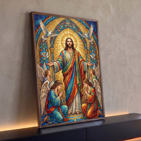 Jesus de braços abertos em mosaico dourado, anjos ajoelhados em oração e pombas brancas, quadro decorativo