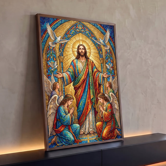 Quadro Decorativo Grande Jesus Mosaico para Sala Dourado | quadros decorativos para sala | Jesus Cristo em mosaico dourado com anjos orando e pombos brancos ao redor | Porao dos Quadros