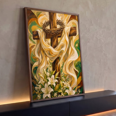 Cruz de madeira com coroa de espinhos, véu dourado e lírios brancos em pintura a óleo, quadro decorativo