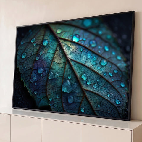 Folha em macro com nervuras e gotas de orvalho em tons verde-azulados sobre fundo preto, quadro decorativo