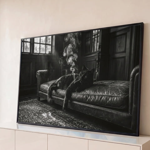 Gato preto fumando charuto deitado em sofá de couro numa sala antiga, foto preto e branco, quadro decorativo