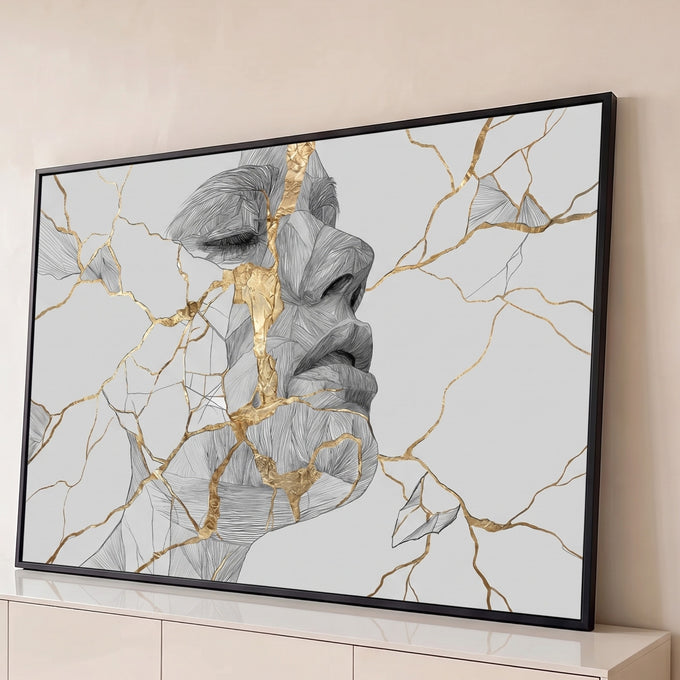 Quadro Decorativo Grande Rosto em Kintsugi para Sala Cinza | quadros decorativos para sala | rosto em perfil fragmentado com rachaduras douradas em traço ilustrativo | Porao dos Quadros