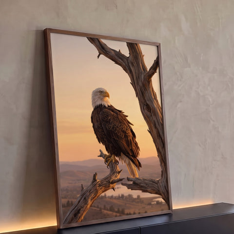 Águia-de-cabeça-branca pousada em galho seco com céu alaranjado do pôr do sol e vale, quadro decorativo