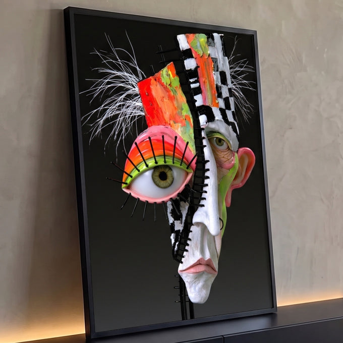 Rosto surreal com olho gigante, cílios de arame e xadrez preto e branco em fundo escuro, quadro decorativo