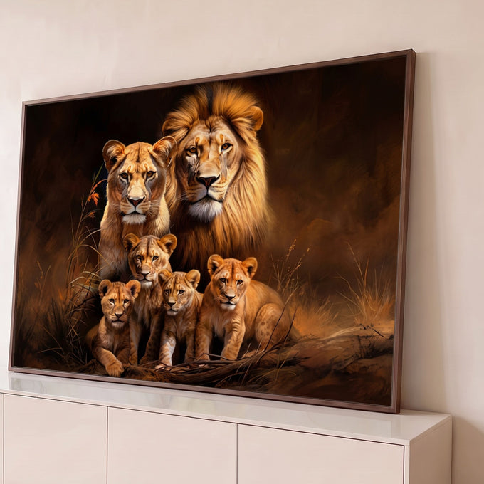Leão, leoa e quatro filhotes juntos na savana em tons marrons e dourados, quadro decorativo