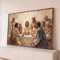 Quadro Decorativo Grande Última Ceia para Sala Bege | quadros decorativos para sala | pintura da Última Ceia com Jesus partindo o pão cercado por discípulos | Porao dos Quadros