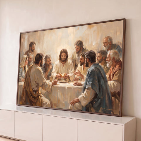 Pintura a óleo da Santa Ceia com Jesus partindo o pão entre apóstolos em tons bege, quadro decorativo