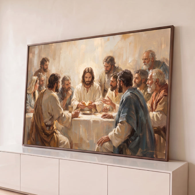 Quadro Decorativo Grande Última Ceia para Sala Bege | quadros decorativos para sala | pintura da Última Ceia com Jesus partindo o pão cercado por discípulos | Porao dos Quadros