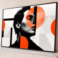 Quadro Decorativo Grande Retrato Feminino Preto para Sala | quadros decorativos para sala | retrato feminino em preto e branco com círculos laranja e formas geométricas | Porao dos Quadros