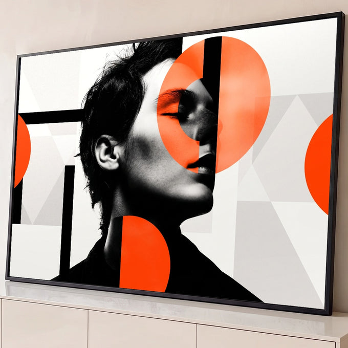 Quadro Decorativo Grande Retrato Feminino Preto para Sala | quadros decorativos para sala | retrato feminino em preto e branco com círculos laranja e formas geométricas | Porao dos Quadros