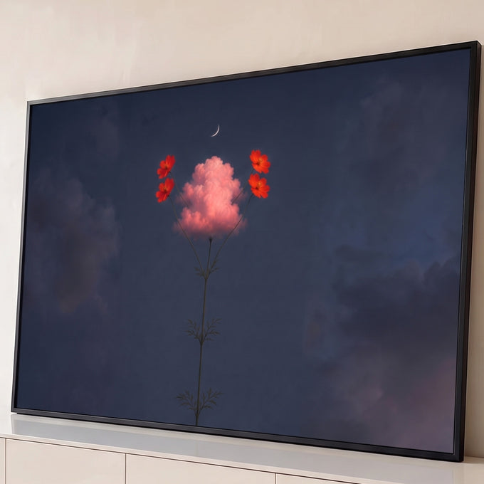Quadro Decorativo Grande Flores Vermelhas Vermelho para Sala | quadros decorativos para sala | flores vermelhas e nuvem rosa em caule único sob céu noturno com lua | Porao dos Quadros