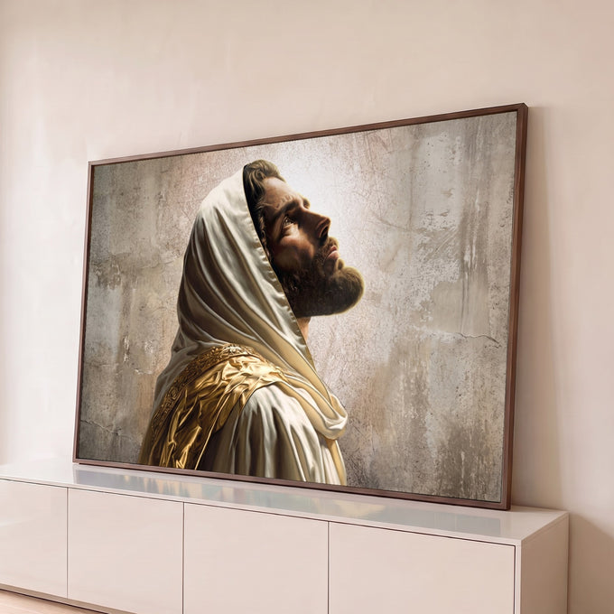 Quadro Decorativo Grande Homem de Manto para Sala Dourado | quadros decorativos para sala | homem de perfil com manto dourado e capuz branco olhando para o alto | Porao dos Quadros