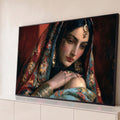 Mulher indiana de véu vermelho bordado, maang tikka e pulseiras douradas em pintura a óleo, quadro decorativo