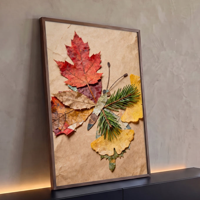 Borboleta de folhas secas de bordo, ginkgo e pinheiro sobre papel kraft, quadro decorativo