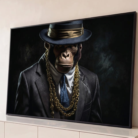 Gorila de terno risca de giz, chapéu fedora e correntes de ouro sobre fundo escuro, quadro decorativo