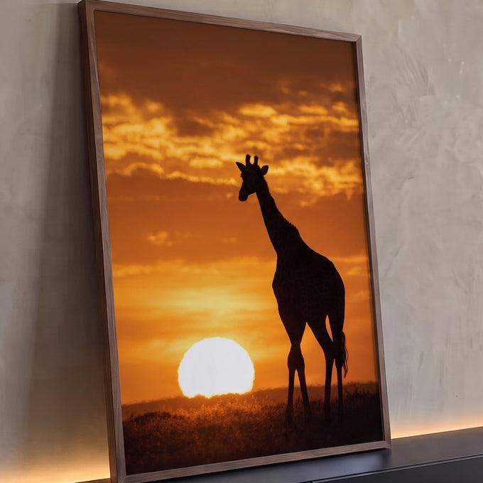 Girafa em silhueta na savana africana com sol se pondo no horizonte e céu laranja, quadro decorativo