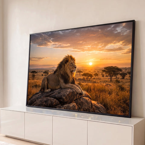 Leão majestoso deitado sobre rocha na savana africana com sol se pondo no horizonte, quadro decorativo