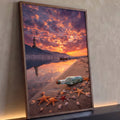 Praia ao pôr do sol com farol, barcos, garrafa e estrelas-do-mar na areia, quadro decorativo