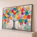 Pintura de árvore da vida com tronco cinza e folhas multicoloridas sobre fundo bege, quadro decorativo
