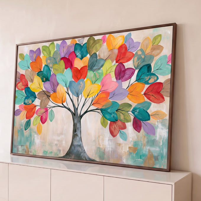 Pintura de árvore da vida com tronco cinza e folhas multicoloridas sobre fundo bege, quadro decorativo