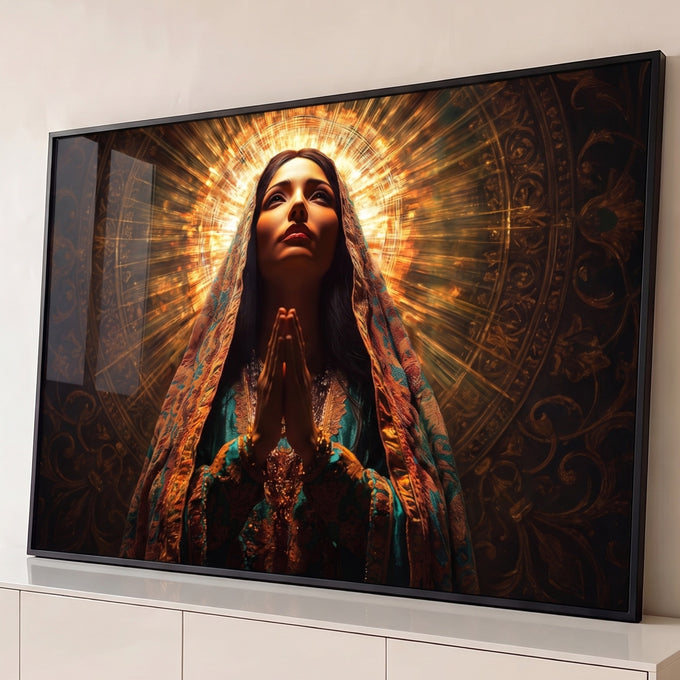 Quadro Decorativo Grande Mulher em Oração para Sala Dourado | quadros decorativos para sala | mulher de véu bordado em oração com halo de luz dourada ao fundo escuro | Porao dos Quadros