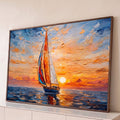 Quadro Decorativo Grande Veleiro Mar para Sala Laranja | quadros decorativos para sala | veleiro colorido navegando ao pôr do sol em pinceladas impressionistas densas | Porao dos Quadros