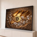 Quadro Decorativo Grande Barras de Ouro para Escritório | quadros decorativos para sala | barras de ouro, moeda de Bitcoin e diamantes sobre areia dourada | Porao dos Quadros