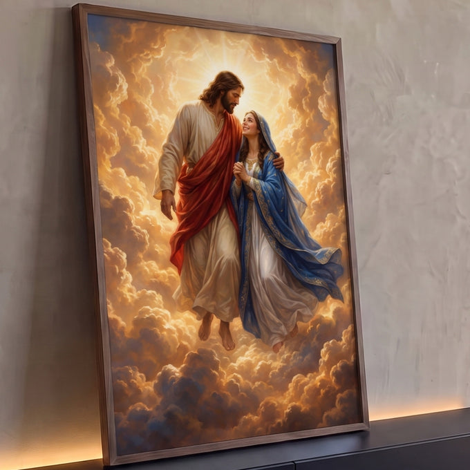 Quadro Decorativo Grande Jesus e Nossa Senhora para Sala | quadros decorativos para sala | Jesus e Nossa Senhora flutuando entre nuvens douradas com raios de luz | Porao dos Quadros