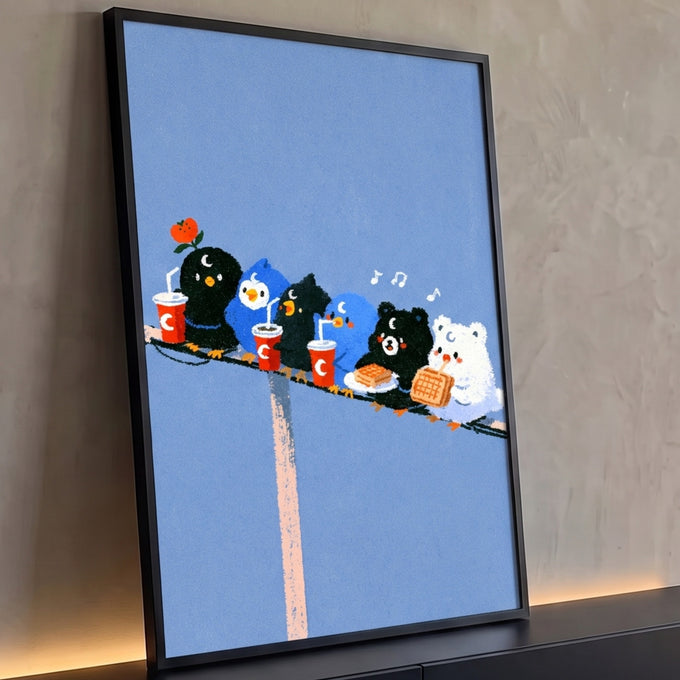 Quadro Decorativo Passarinhos e Ursinhos Fofos no Fio Azul | quadros decorativos para sala | seis bichinhos fofos, pássaros e ursos, sentados num fio azul comendo waffle e bebendo refrigerante | Porao dos Quadros