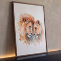 Casal de leão e leoa em aquarela laranja, cabeças encostadas com respingos de tinta, quadro decorativo