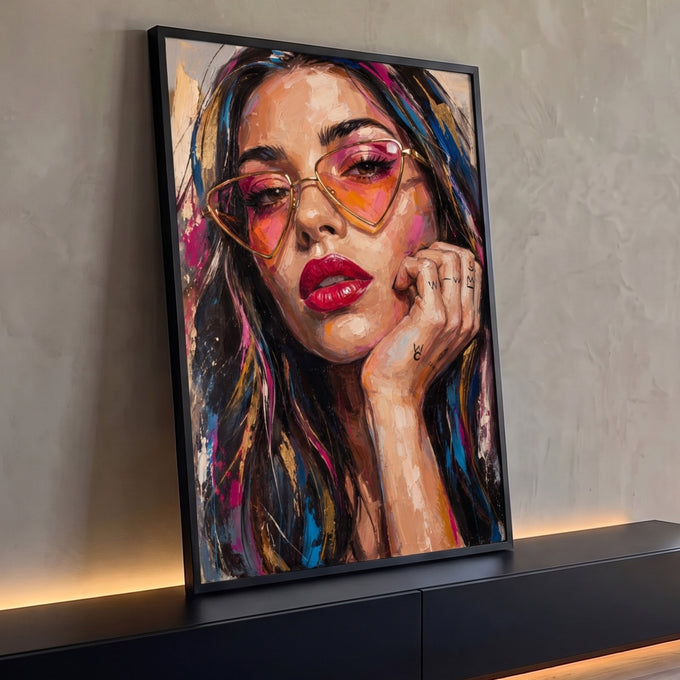 Quadro Decorativo Grande Mulher de Óculos para Sala Rosa | quadros decorativos para sala | retrato de mulher com óculos rosa e cabelo colorido em pintura texturizada | Porao dos Quadros