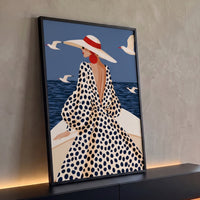 Quadro Decorativo Grande Mulher de Chapéu Bege para Sala - Borda Infinita / 100x65cm