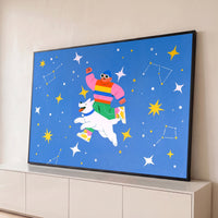 Quadro Decorativo Grande Pet nas Estrelas para Quarto Azul - Borda Infinita / 65x100cm