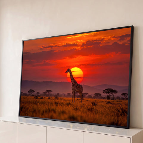 Girafa diante do grande sol vermelho na savana africana com acácias ao fundo, quadro decorativo