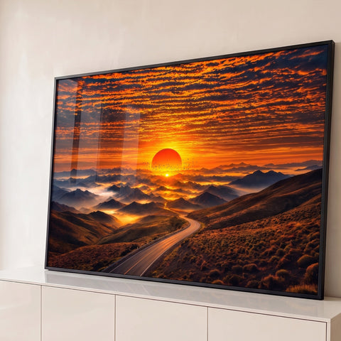Pôr do sol laranja com pássaros sobre montanhas na névoa e estrada sinuosa, quadro decorativo